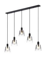 Tera Linear Pendant With 16cm x 14cm Shade, 5 Light E27, Sand Black/Smoke Faded Glass Shade