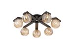 Bagno 64cm Flush Ceiling, 7 Light G9, IP44, Black/Polished Chrome/Amber Ribbed Round Glass