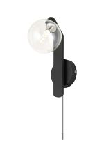 Bagno Pull Switch Wall Light, 1 Light G9, IP44, Black/Polished Chrome/Clear Smooth Round Glass