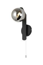 Bagno Pull Switch Wall Light, 1 Light G9, IP44, Black/Polished Chrome/Smoke Smooth Round Glass