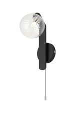 Bagno Pull Switch Wall Light, 1 Light G9, IP44, Black/Polished Chrome/Clear Ribbed Round Glass