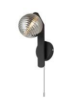 Bagno Pull Switch Wall Light, 1 Light G9, IP44, Black/Polished Chrome/Smoke Ribbed Round Glass