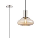 Odeyscene 31cm Pendant With Wide Glass, 1 x E27, Polished Nickel/Amber/Dark Grey Braided Cable
