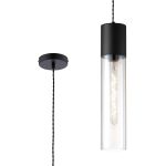 Luce 12cm Pendant With Tubular Glass, 1 x E27, Satin Black/Clear/Black Braided Twisted Cable
