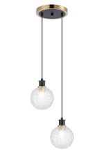 Jestero 20cm 2 Light Pendant, E14 With 15cm Round Textured Crumple Glass Shades, Brass, Clear & Satin Black