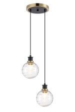 Jestero 20cm 2 Light Pendant, E14 With 15cm Round Textured Melting Glass Shades, Brass, Clear & Satin Black