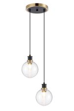 Jestero 20cm 2 Light Pendant, E14 With 15cm Round Ribbed Glass Shades, Brass, Clear & Satin Black
