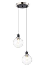 Jestero 20cm 2 Light Pendant, E14 With 15cm Round Glass Shades, Satin Nickel, Clear & Satin Black