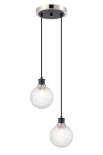 Jestero 20cm 2 Light Pendant, E14 With 15cm Round Textured Diamond Pattern Glass Shades, Satin Nickel, Clear & Satin Black