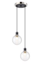 Jestero 20cm 2 Light Pendant, E14 With 15cm Round Ribbed Glass Shades, Satin Nickel, Clear & Satin Black