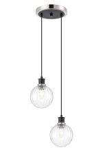 Jestero 20cm 2 Light Pendant, E14 With 15cm Round Segment Glass Shades, Satin Nickel, Clear & Satin Black