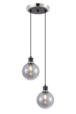 Jestero 20cm 2 Light Pendant, E14 With 15cm Round Glass Shades, Satin Nickel, Smoke Plated & Satin Black