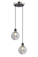 Jestero 20cm 2 Light Pendant, E14 With 15cm Round Double Textured Smooth / Ribbed Glass Shades, Satin Nickel, Smoke Plated & Satin Black