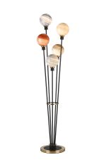 Jestero Floor Lamp, 5 Light E14, With 15cm Mixed Colour Round Marble Effect Glass Shade Brass & Satin Black