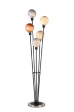 Jestero Floor Lamp, 5 Light E14, With 15cm Mixed Colour Round Marble Effect Glass Shade Satin Nickel & Satin Black