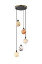 Jestero 48cm Round Pendant, 5 Light E14 With 15cm Mixed Colour Round Marble Effect Glass Shade, Brass & Satin Black Framework