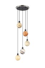 Jestero 48cm Round Pendant, 5 Light E14 With 15cm Mixed Colour Round Marble Effect Glass Shade, Satin Nickel & Satin Black Framework