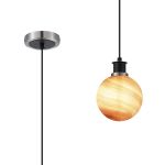 Jestero 1.3m Pendant, 1 Light E14 With 15cm Round Dark Pink Marble Effect Glass Shade, Satin Nickel & Satin Black Framework