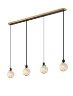 Jestero 1.3m Linear Pendant, 4 Light E14 With 15cm Round Dark Green Marble Effect Glass Shade, Brass & Satin Black Framework