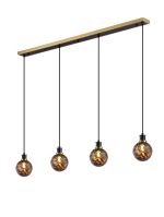 Jestero 1.3m Linear Pendant, 4 Light E14 With 15cm Round Brown & Amber Tortoise Shell Glass Shade, Brass & Satin Black Framework