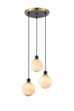 Jestero 38cm Round Pendant, 3 Light E14 With 15cm Round Dark Beige Marble Effect Glass Shade, Brass & Satin Black Framework