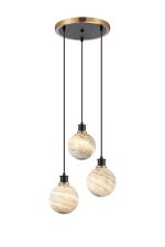 Jestero 38cm Round Pendant, 3 Light E14 With 15cm Round Dark Green Marble Effect Glass Shade, Brass & Satin Black Framework