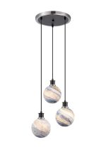 Jestero 38cm Round Pendant, 3 Light E14 With 15cm Round Dark Blue Marble Effect Glass Shade, Satin Nickel & Satin Black Framework