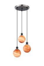 Jestero 38cm Round Pendant, 3 Light E14 With 15cm Round Dark Pink Marble Effect Glass Shade, Satin Nickel & Satin Black Framework
