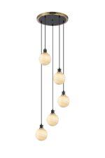 Jestero 48cm Round Pendant, 5 Light E14 With 15cm Round Dark Beige Marble Effect Glass Shade, Brass & Satin Black Framework
