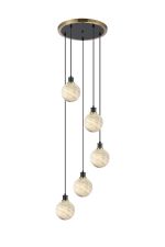 Jestero 48cm Round Pendant, 5 Light E14 With 15cm Round Dark Green Marble Effect Glass Shade, Brass & Satin Black Framework