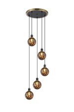 Jestero 48cm Round Pendant, 5 Light E14 With 15cm Round Brown & Amber Tortoise Shell Glass Shade, Brass & Satin Black Framework