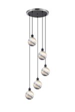 Jestero 48cm Round Pendant, 5 Light E14 With 15cm Round Dark Blue Marble Effect Glass Shade, Satin Nickel & Satin Black Framework
