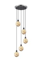 Jestero 48cm Round Pendant, 5 Light E14 With 15cm Round Light Grey Marble Effect Glass Shade, Satin Nickel & Satin Black Framework