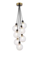 Jestero 45cm Round Cluster Pendant, 7 Light E14 With 15cm Round Textured Crumple Glass Shade, Brass, Clear & Satin Black