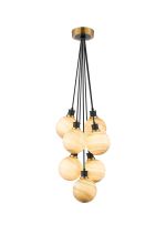 Jestero 45cm Round Cluster Pendant, 7 Light E14 With 15cm Round Dark Beige Marble Effect Glass Shade, Brass & Satin Black Framework