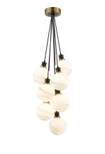 Jestero 45cm Round Cluster Pendant, 7 Light E14 With 15cm Round White & Grey Marble Effect Glass Shade, Brass & Satin Black Framework