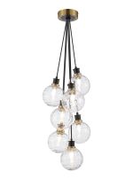 Jestero 45cm Round Cluster Pendant, 7 Light E14 With 15cm Round Textured Melting Glass Shade, Brass, Clear & Satin Black