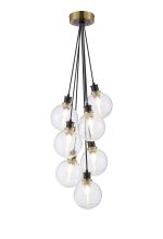 Jestero 45cm Round Cluster Pendant, 7 Light E14 With 15cm Round Ribbed Glass Shade, Brass, Clear & Satin Black