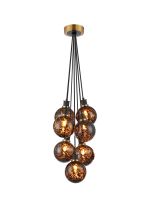 Jestero 45cm Round Cluster Pendant, 7 Light E14 With 15cm Round Brown & Amber Tortoise Shell Glass Shade, Brass & Satin Black