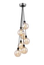 Jestero 45cm Round Cluster Pendant, 7 Light E14 With 15cm Round Glass Shade, Satin Nickel, Amber Plated & Satin Black