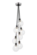Jestero 45cm Round Cluster Pendant, 7 Light E14 With 15cm Round Glass Shade, Satin Nickel, Clear & Satin Black