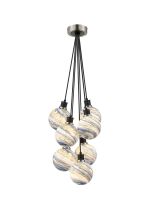 Jestero 45cm Round Cluster Pendant, 7 Light E14 With 15cm Round Dark Blue Marble Effect Glass Shade, Satin Nickel & Satin Black Framework