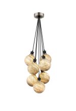 Jestero 45cm Round Cluster Pendant, 7 Light E14 With 15cm Round Light Grey Marble Effect Glass Shade, Satin Nickel & Satin Black Framework