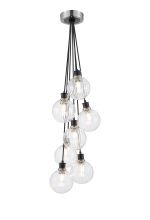 Jestero 45cm Round Cluster Pendant, 7 Light E14 With 15cm Round Segment Glass Shade, Satin Nickel, Clear & Satin Black