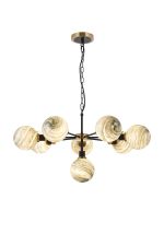 Jestero 84cm Pendant, 8 Light E14 With 15cm Round Dark Green Marble Effect Glass Shade, Brass & Satin Black Framework