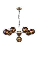 Jestero 84cm Pendant, 8 Light E14 With 15cm Round Brown & Amber Tortoise Shell Glass Shade, Brass & Satin Black