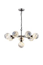 Jestero 84cm Pendant, 8 Light E14 With 15cm Round Dark Blue Marble Effect Glass Shade, Satin Nickel & Satin Black Framework
