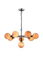 Jestero 84cm Pendant, 8 Light E14 With 15cm Round Dark Pink Marble Effect Glass Shade, Satin Nickel & Satin Black Framework