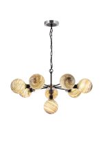 Jestero 84cm Pendant, 8 Light E14 With 15cm Round Light Grey Marble Effect Glass Shade, Satin Nickel & Satin Black Framework