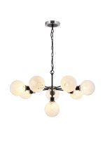 Jestero 84cm Pendant, 8 Light E14 With 15cm Round Speckled Glass Shade, Satin Nickel, White & Satin Black